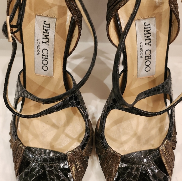 Jimmy Choo Black/Gold Disco Snakeskin  T-Strap heels size 37 - Picture 6 of 11